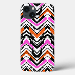 Zwart, Oranje en roze hand getekend Chevron Patter iPhone 13 Hoesje
