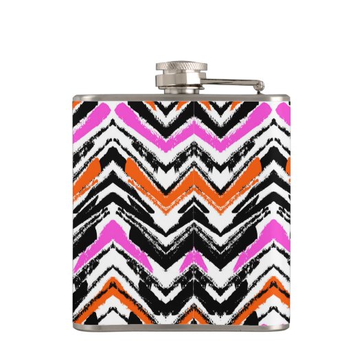 Zwart, Oranje en roze hand getekend Chevron Patter Heupfles (Achterkant)