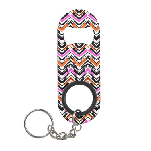 Zwart, Oranje en roze hand getekend Chevron Patter Sleutelhanger Flessenopener (Voorkant)