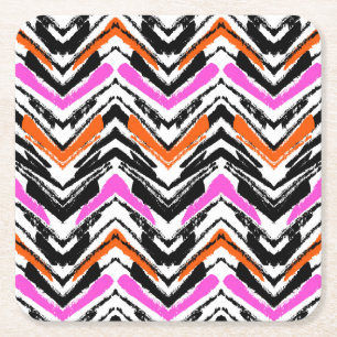 Zwart, Oranje en roze hand getekend Chevron Patter Vierkante Kartonnen Onderzetter
