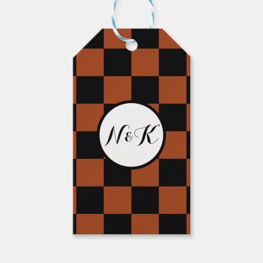 Zwart & Oranje geruit vierkant Buffalo Plaid Cadeaulabel (Voorkant)