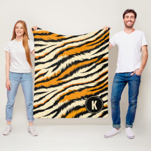 Zwart Oranje Tijgerstrepen Patroon Monogram Fleece Deken