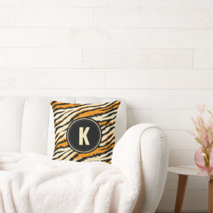 Zwart Oranje Tijgerstrepen Patroon Monogram Kussen