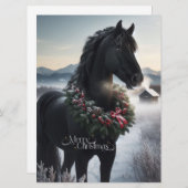 Zwart paard in de sneeuw met kerstkrans feestdagenkaart (Voorkant / Achterkant)