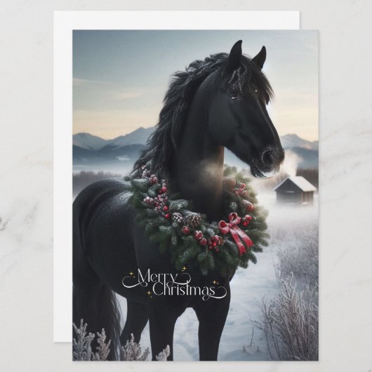 Zwart paard in de sneeuw met kerstkrans feestdagenkaart (Voorkant / Achterkant)