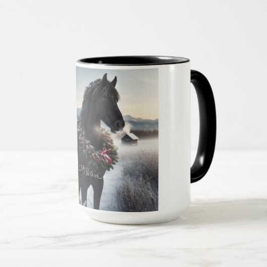 Zwart paard in de sneeuw met kerstkrans mok (Voorkant rechts)