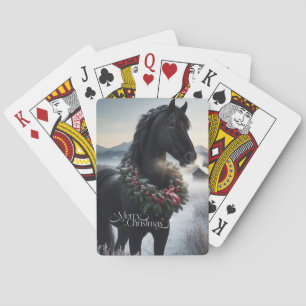 Zwart paard in de sneeuw met kerstkrans pokerkaarten