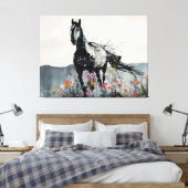 Zwart Paard in Wildbloemen Canvas Afdruk (Insitu (Slaapkamer))