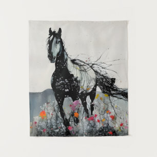 Zwart Paard in Wildbloemen Wandkleed