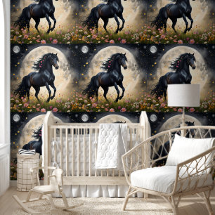 Zwart Paard Maan Bloemen, Behang