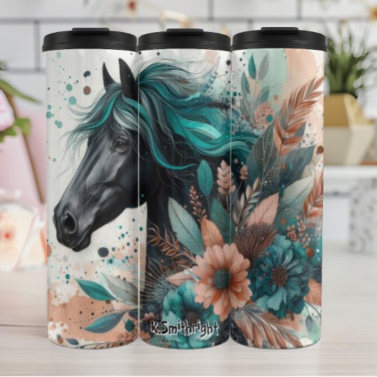Zwart paard met Blauwgroen manenbloemen Thermosbeker