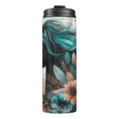 Zwart paard met Blauwgroen manenbloemen Thermosbeker (Voorkant)