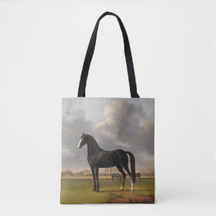 zwart paard met een Canvas tas
