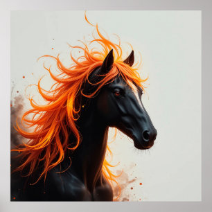 Zwart paard met golvende vurige oranje manen poster