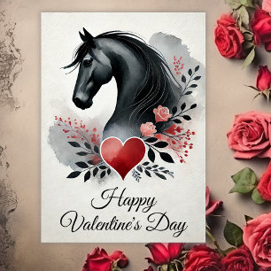 Zwart paard met hart en Valentijnsdag Feestdagen Kaart