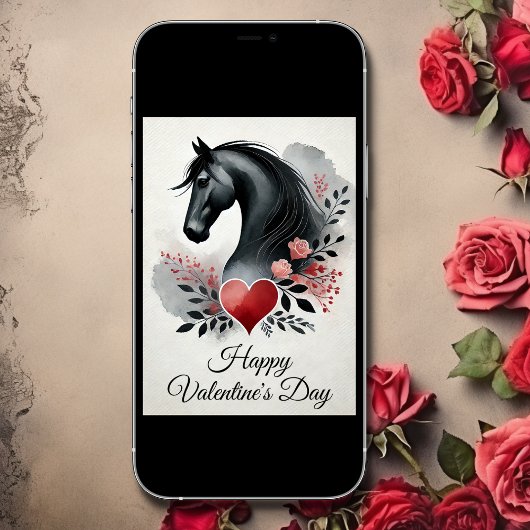 Zwart paard met hart en Valentijnsdag Feestdagen Kaart