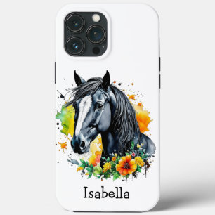 Zwart Paard Omgeven door bloemen Gepersonaliseerd iPhone 13 Pro Max Hoesje
