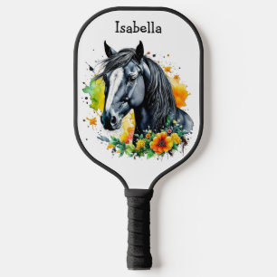 Zwart Paard Omgeven door bloemen Gepersonaliseerd Pickleball Paddle