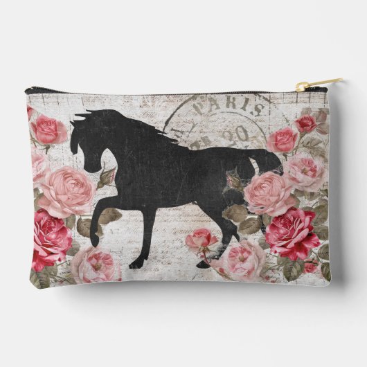 Zwart Paard Roze Roos Frans Script Vrouwelijke Zip Etui (Achterkant)