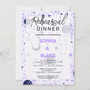 Zwart & Paars Celestial Bruiloftsrepetie Dinner Kaart