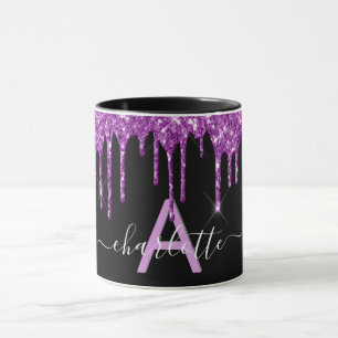 Zwart paars glitter druppelt monogram naamscript mok