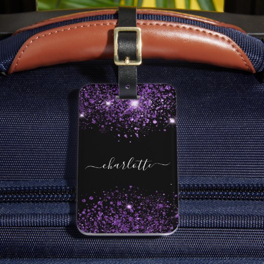Zwart paars glitter monogram stofmonogram bagagelabel (Voorkant Insitu 2)