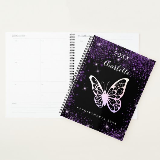 Zwart paars glitter-vlindernaamscript planner (Display)