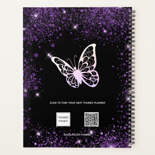 Zwart paars glitter-vlindernaamscript planner (Achterkant)