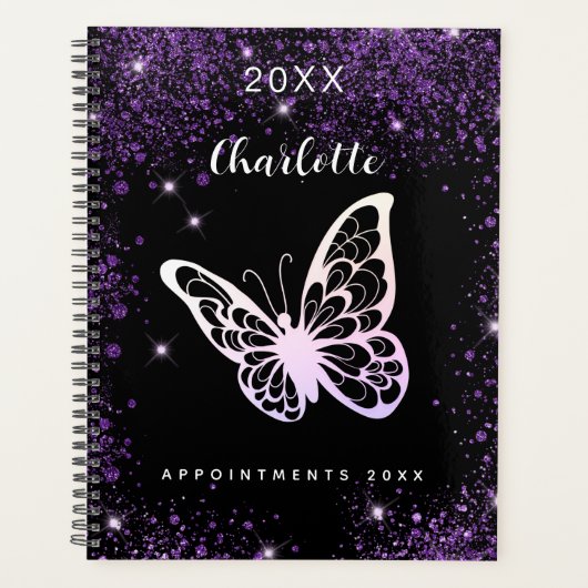 Zwart paars glitter-vlindernaamscript planner (Voorkant)