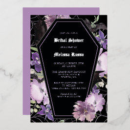 Zwart Paars Gothic Floral Coffin Vrijgezellenfeest Folie Uitnodiging