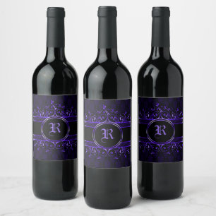 Zwart & Paars Sierlijk Gotisch Monogram Wijn Etiket