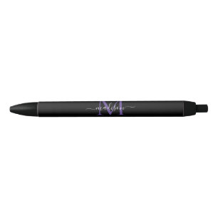 Zwart Paars Violet Monogram Elegant Script Name Zwarte Inkt Pen