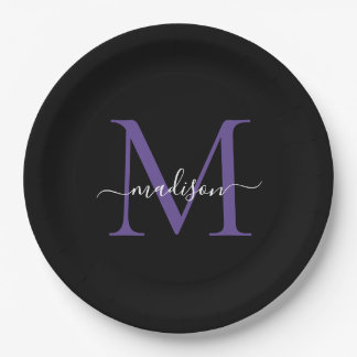 Zwart Paars Violet Monogram Modern Elegant Schrift Papieren Bordje