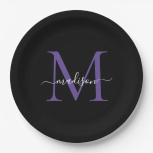 Zwart Paars Violet Monogram Modern Elegant Script Papieren Bordje