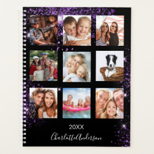 Zwart paarse familie foto collage monogram 2026 planner