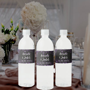 Zwart paarse glitter bruiloft waterfles etiket