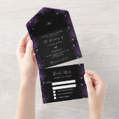 Zwart paarse glitter elegant script bruiloft all in one uitnodiging (Afscheurbaar)