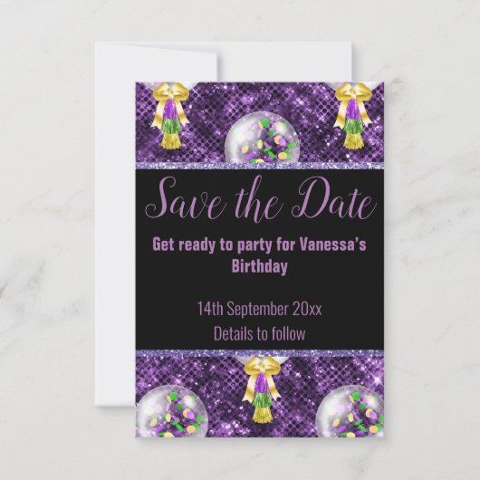 ZWART PAARSE GLITTER FEEST VERRASSING SAVE THE DAT RSVP KAARTJE (Voorkant)