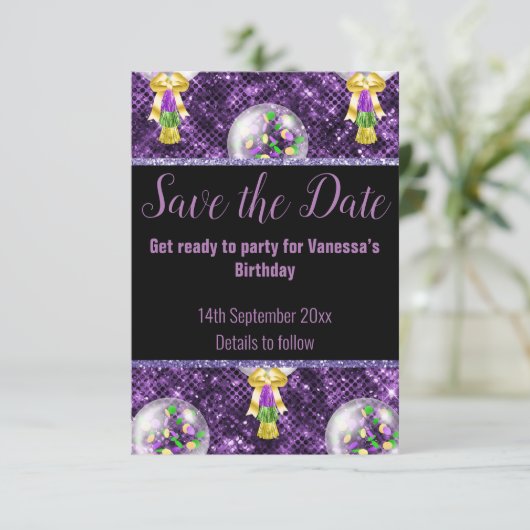 ZWART PAARSE GLITTER FEEST VERRASSING SAVE THE DAT RSVP KAARTJE (Staand voorkant)