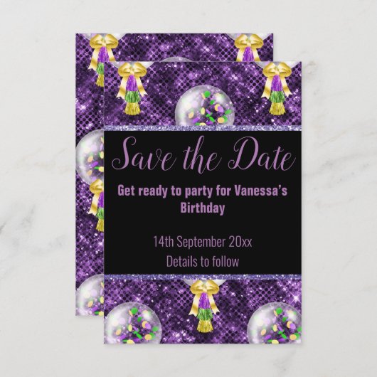 ZWART PAARSE GLITTER FEEST VERRASSING SAVE THE DAT RSVP KAARTJE (Voorkant / Achterkant)