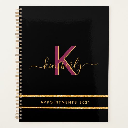 Zwart paarse glitter gouden monogram 2026 planner (Voorkant)