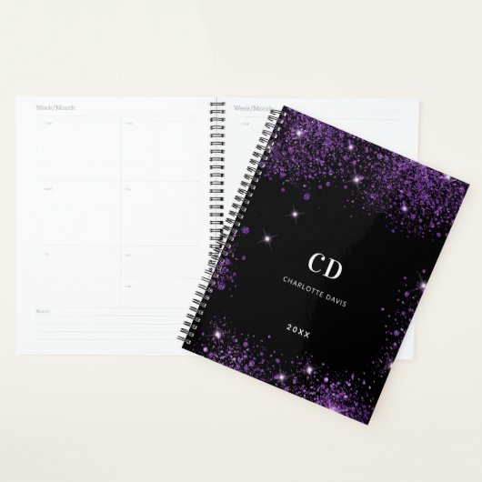 Zwart paarse glitter monogram initialen 2025 planner (Display)