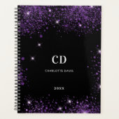 Zwart paarse glitter monogram initialen 2025 planner (Voorkant)