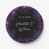 Zwart paarse glitter script bruiloft papieren bordje (Voorkant)