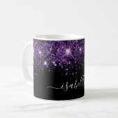 Zwart paarse glitternaam glazen script koffiemok (Voorkant links)