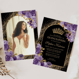 Zwart Paarse Gouden Glitter Bloemen Foto Quinceane Kaart