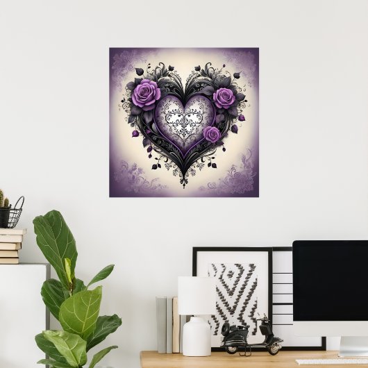 Zwart Paarse Hart 💜 Gotische Stijl Poster (Thuiskantoor)
