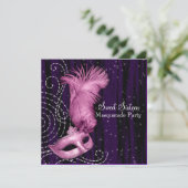 Zwart Paarse Roze Sweet 16 Masquerade Party Kaart (Staand voorkant)