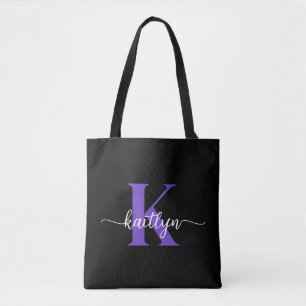 Zwart-Paarse-scriptmonogram Draagtas
