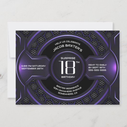 Zwart Paarse Verrassing 18e Verjaardagsfeestje Kaart (Voorkant)